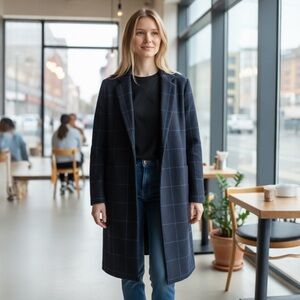 SERRANO Wool Long Plaid Coat Navy S